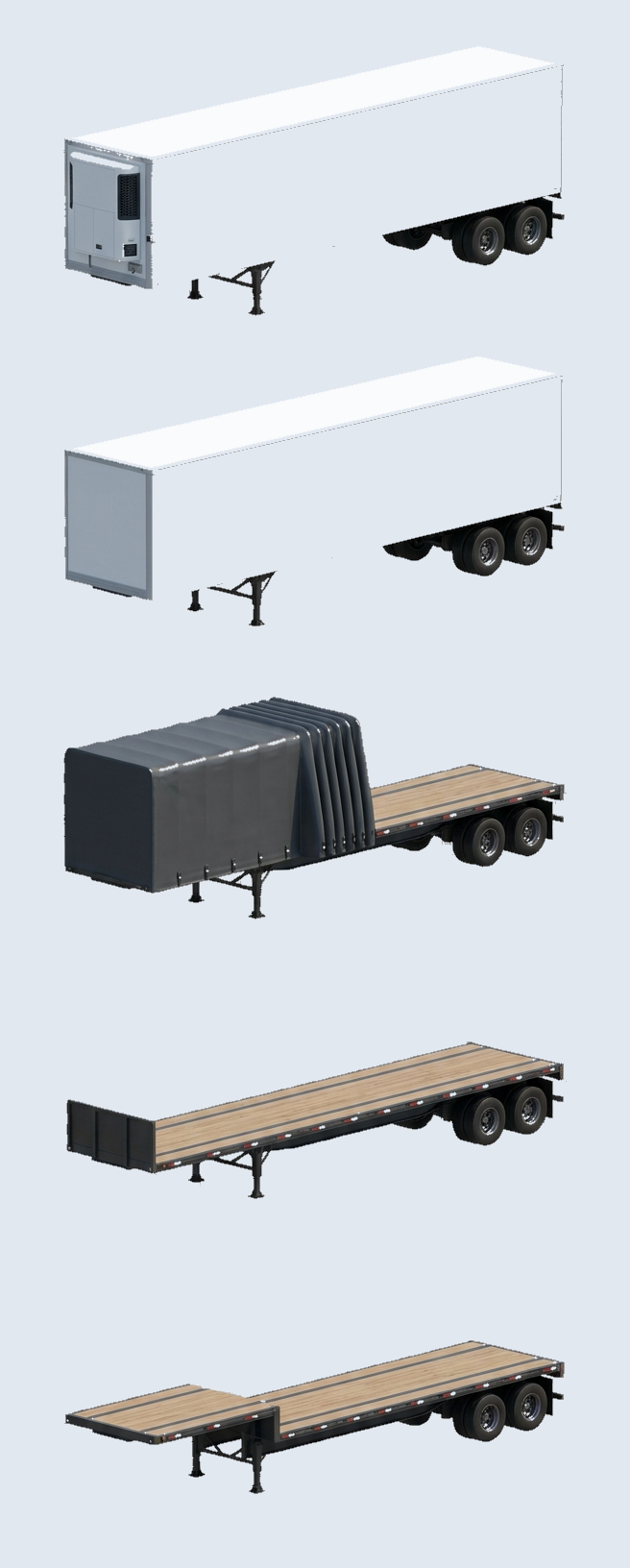 RentFlow supported trailer types: reefer, dry van, conestoga, flatbed, step deck